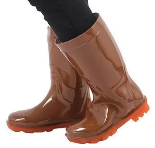 shiny-brown-waterproof-breathable-pvc-garden-boots-heavy‑duty-orange-sole